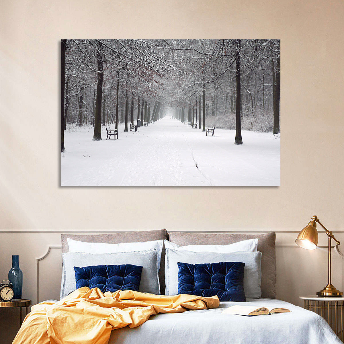 Snow Covered Park Lane Wall Art in a room, landscape