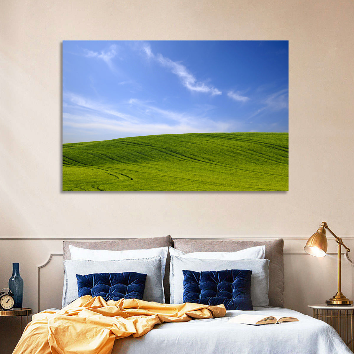 Rolling Green Hill with Blue Sky Wall Art in a room, landscape