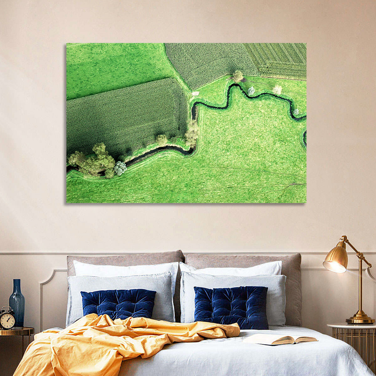 Meandering Stream Over Farmland Wall Art in a room, landscape