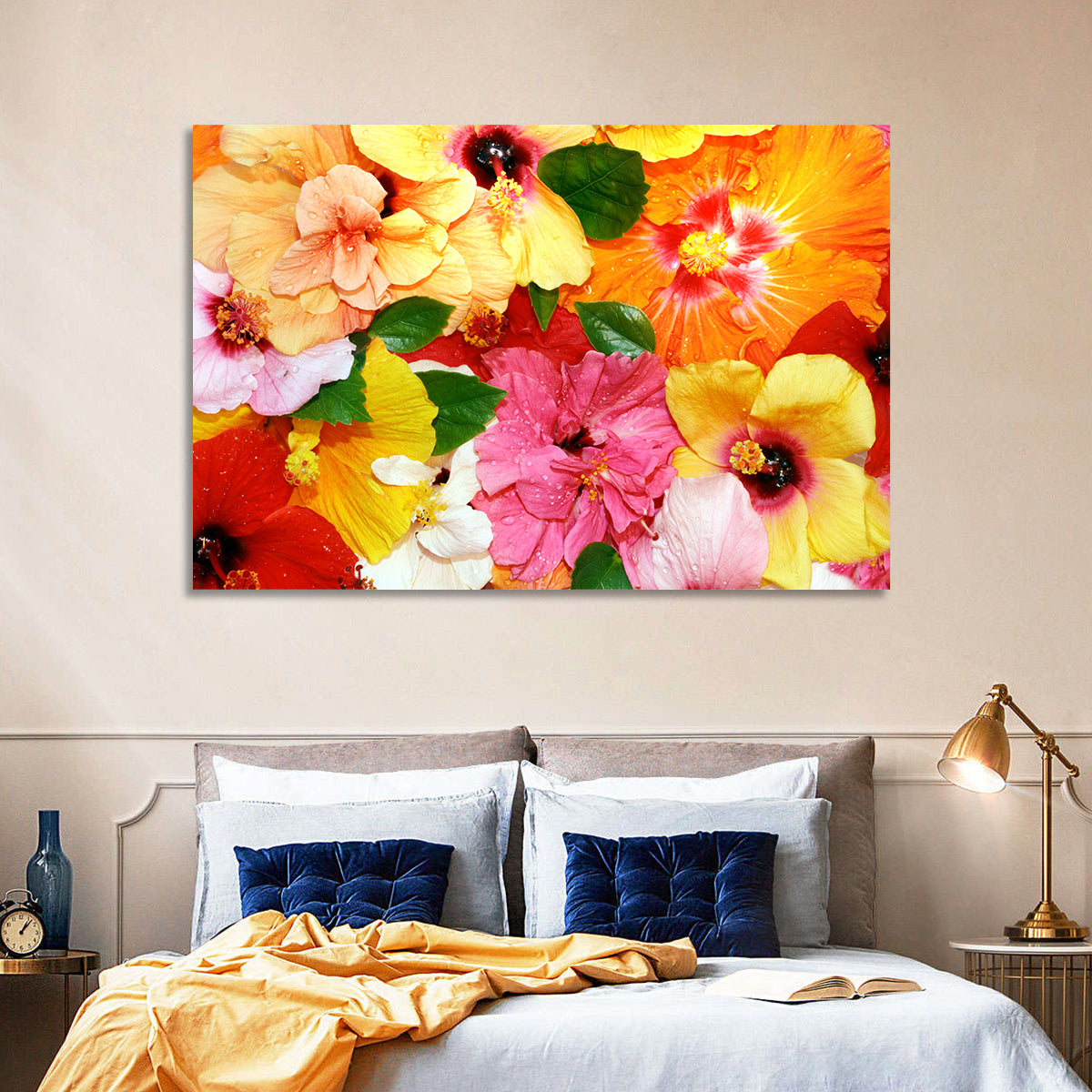 Vibrant Hibiscus Close-up Wall Art in a room, landscape