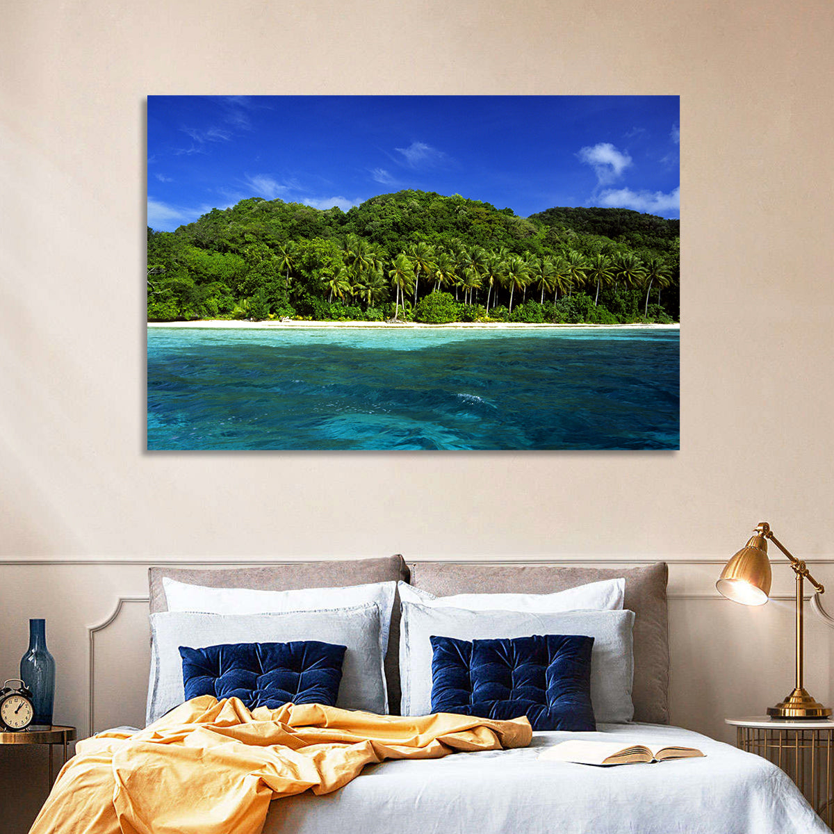 Turquoise Tropical Island Scene Wall Art in a room, landscape