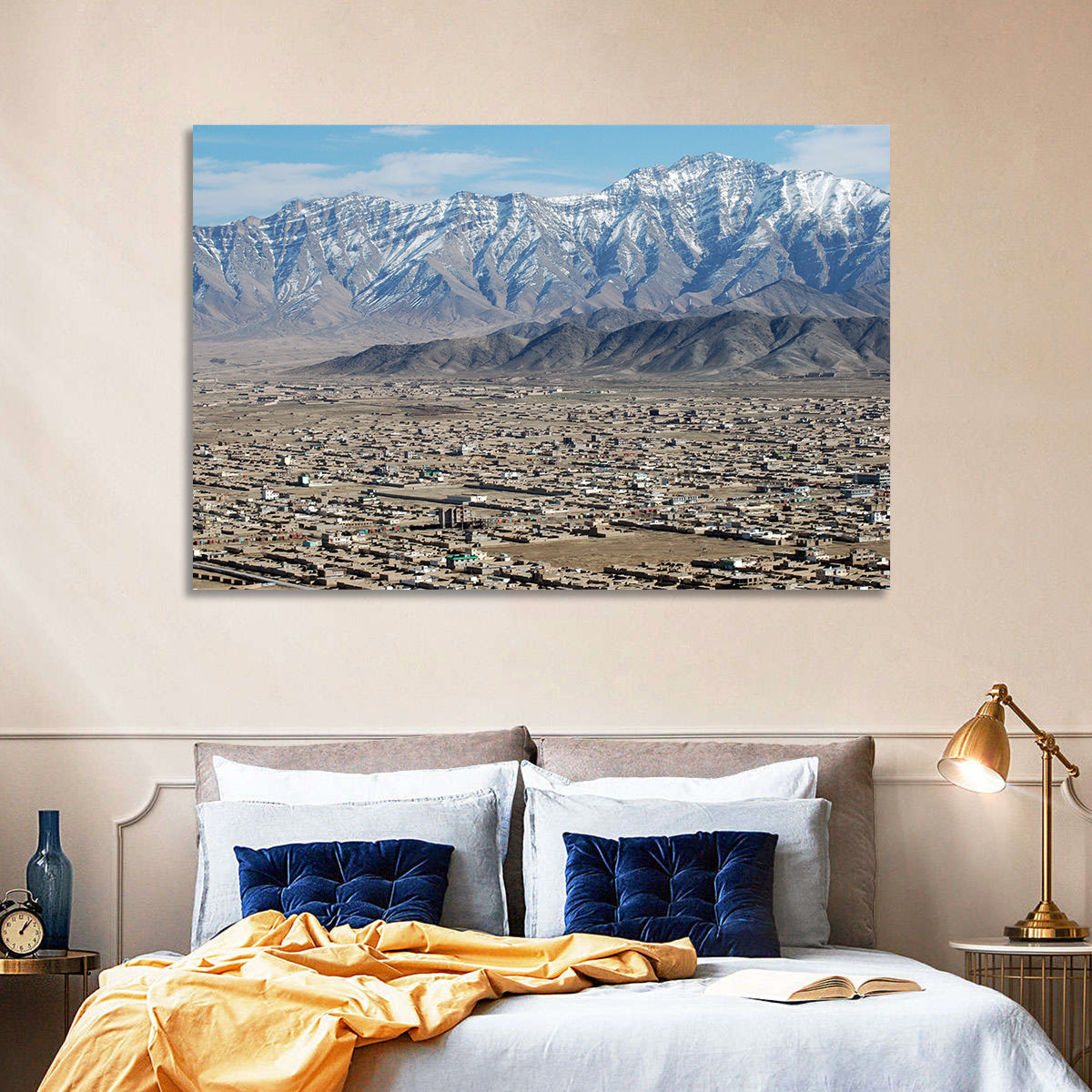 Kabul from Above with Snow-capped Mountains Wall Art in a room, landscape