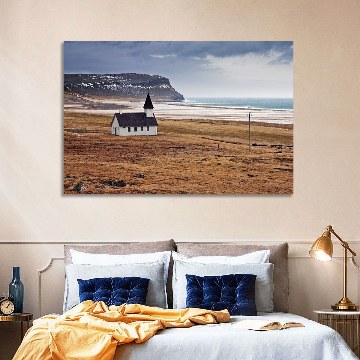 Icelandic Church with Dark Steeple Wall Art in a room, landscape