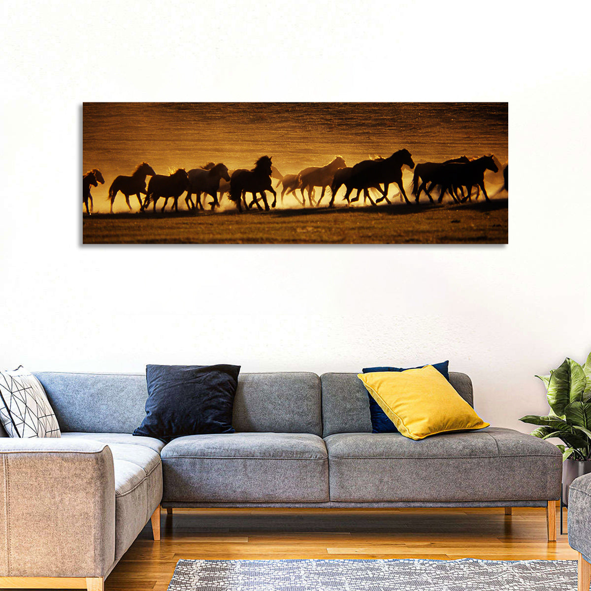 Running Wild Horses at Sunset Wall Art in a room, panoramic