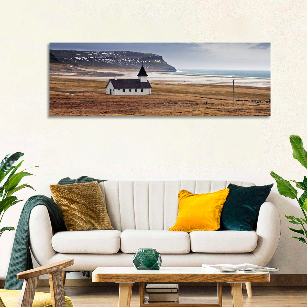 Icelandic Church with Dark Steeple Wall Art in a room, landscape