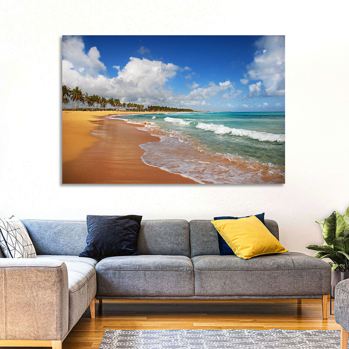Palm Lined Tropical Coast Wall Art in a room, landscape