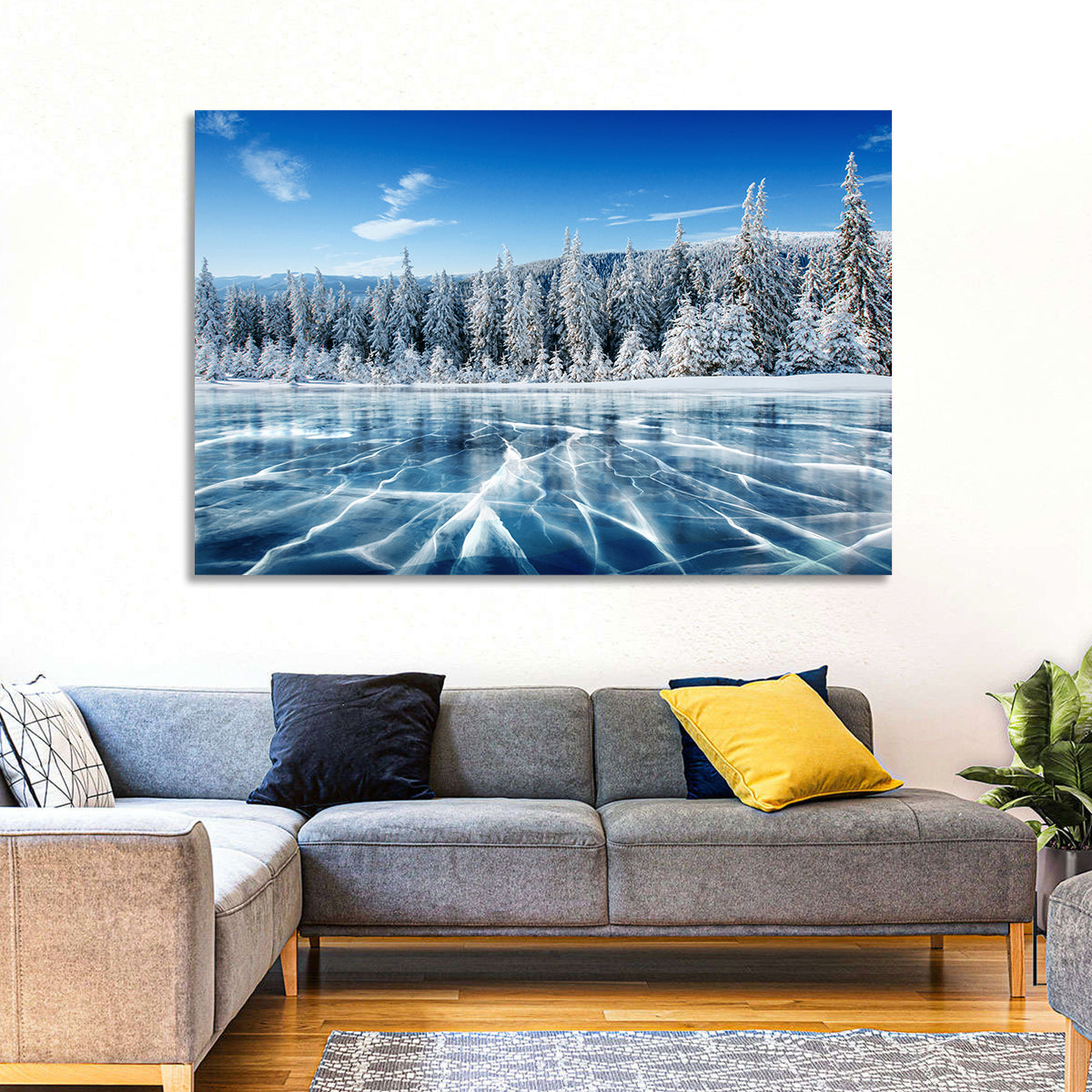 Cracked Ice Lake with Snowy Pines Wall Art
