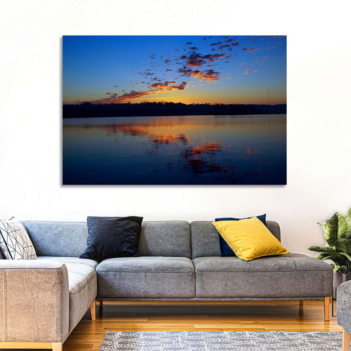 Lake Livingston Sunset Reflection Wall Art in a room, landscape