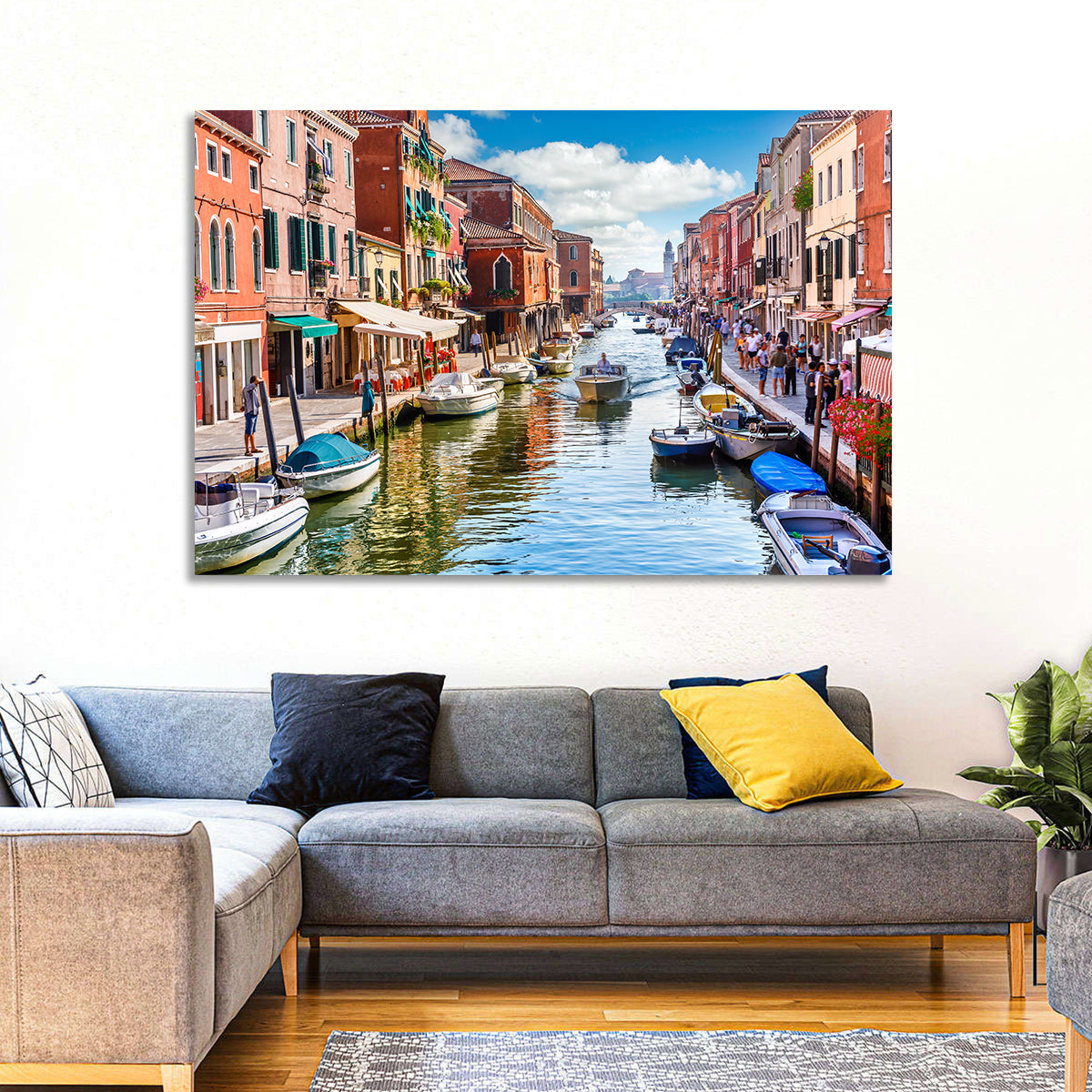 Sunlit Burano Canal, Venice Wall Art in a room, landscape