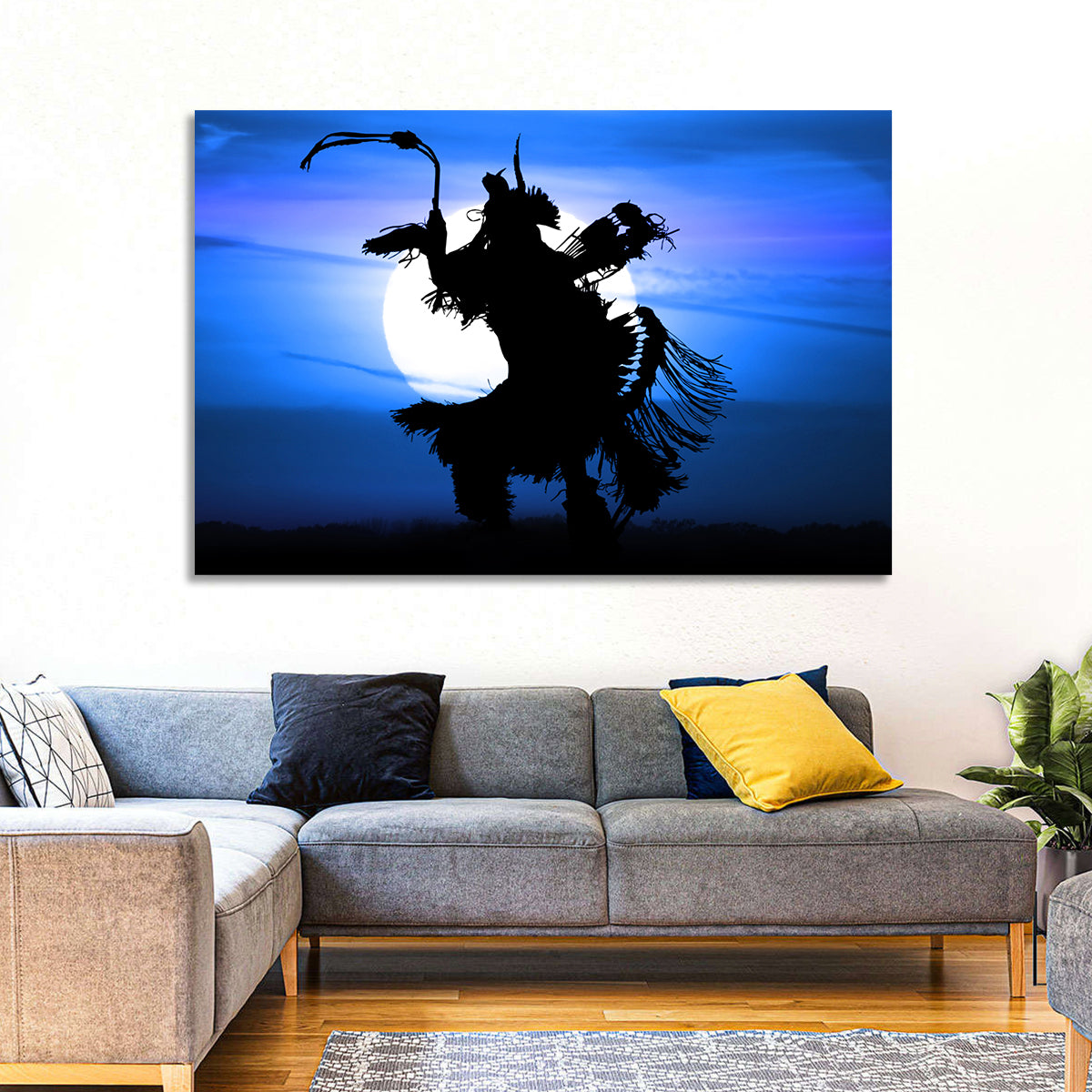 Moonlit Pow Wow Dancer Wall Art in a room, landscape