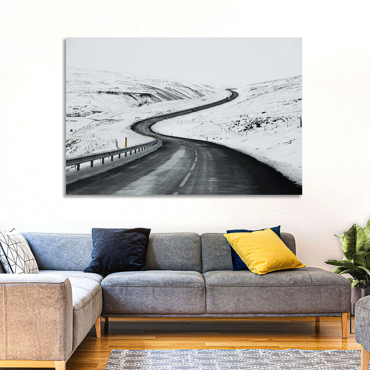 Winding Snow Road with Yellow Markers Wall Art in a room, landscape