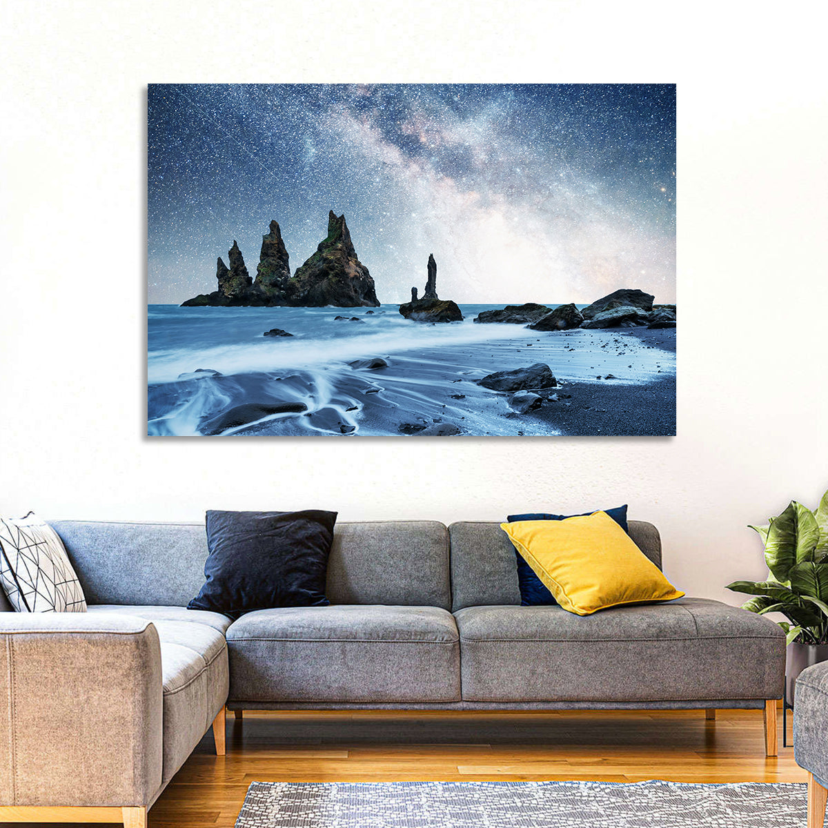 Reynisdrangar Sea Stacks Night Wall Art in a room, landscape