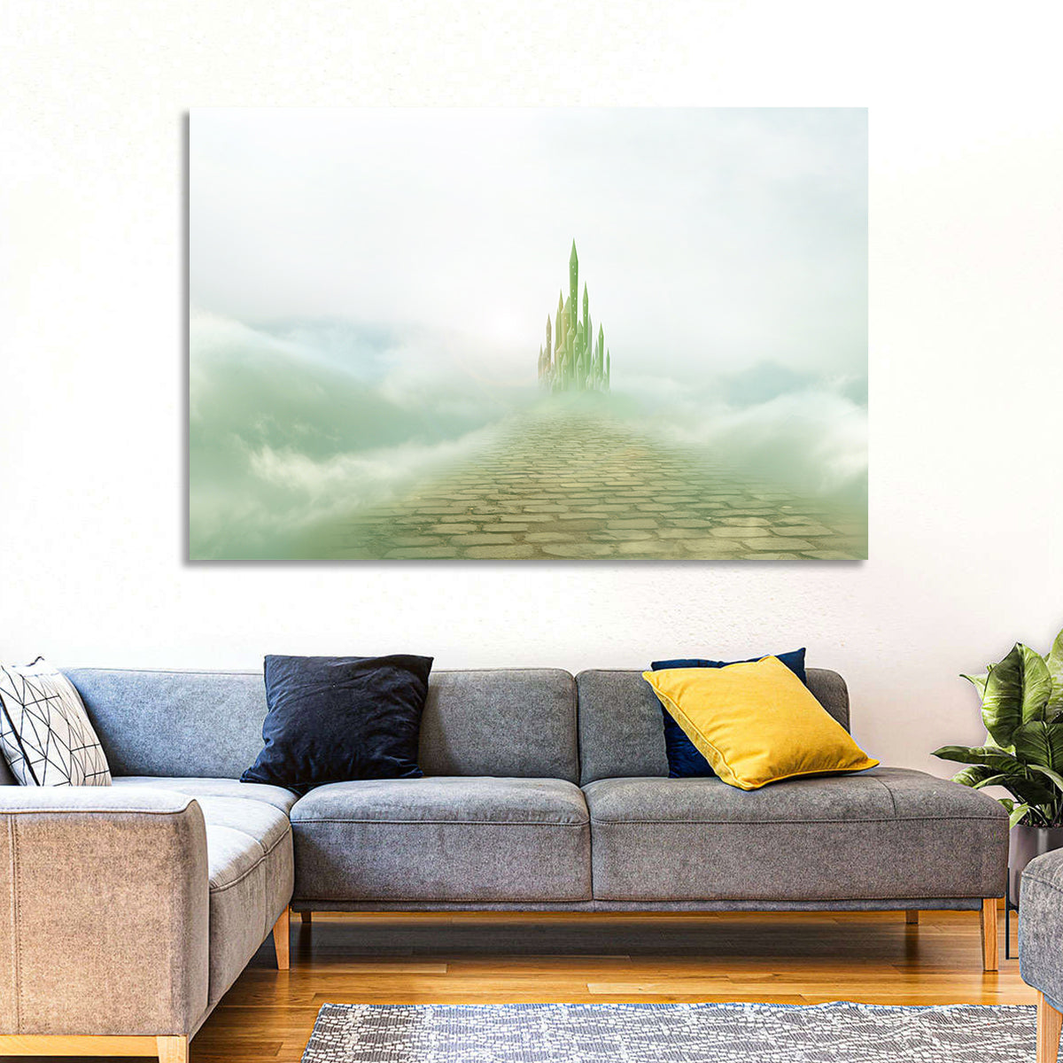 Cobblestone Path to Emerald Castle Wall Art in a room, landscape