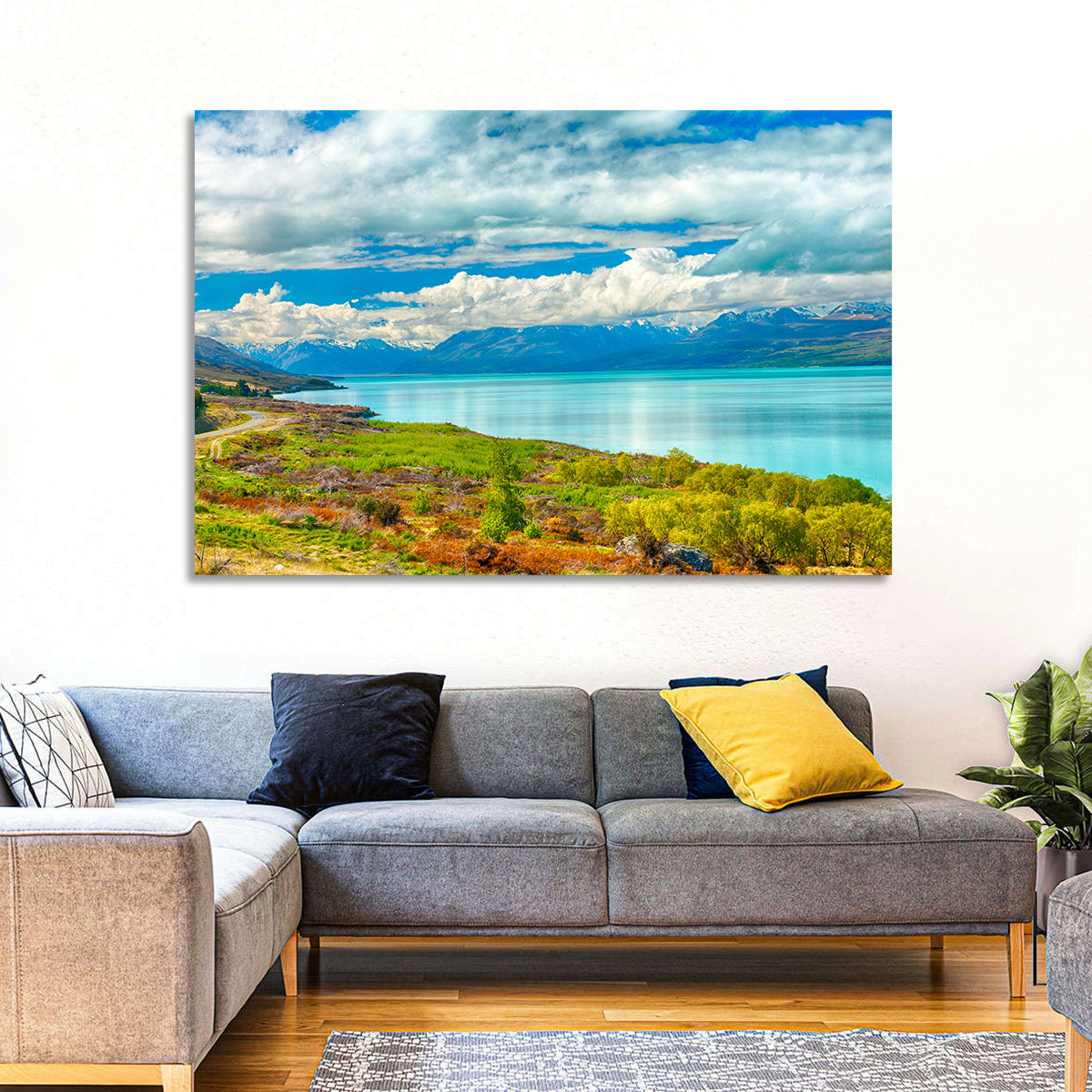 Turquoise Lake Pukaki with Mount Cook Wall Art in a room, landscape