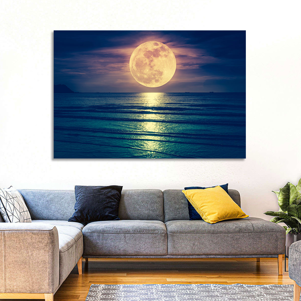 Supermoon Over Calm Sea Wall Art in a room, landscape