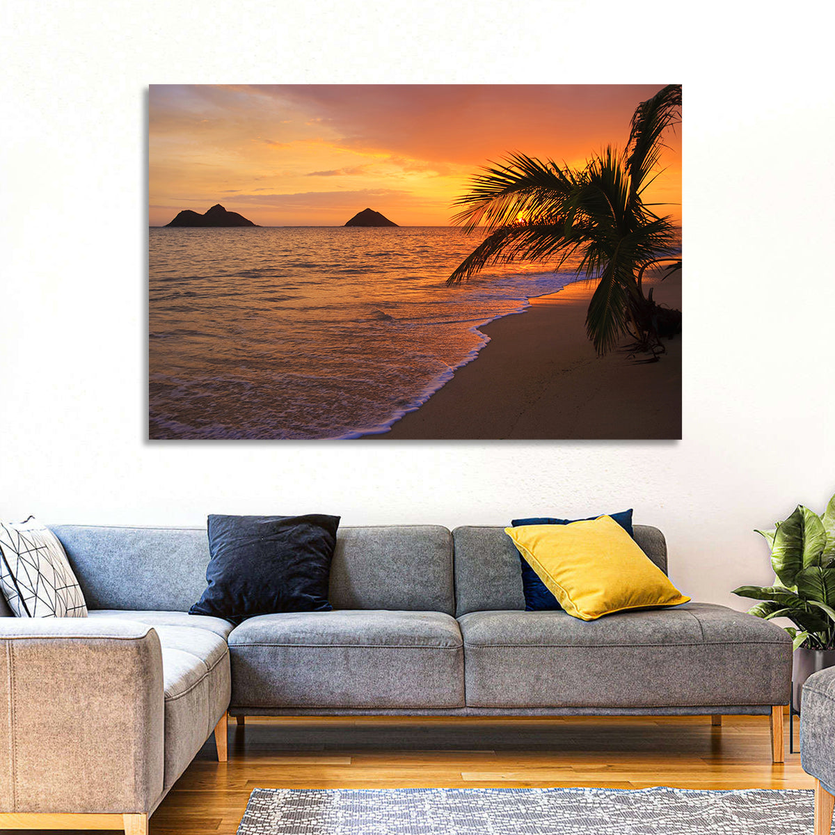 Lanikai Sunrise Over Na Mokulua Wall Art in a room, landscape