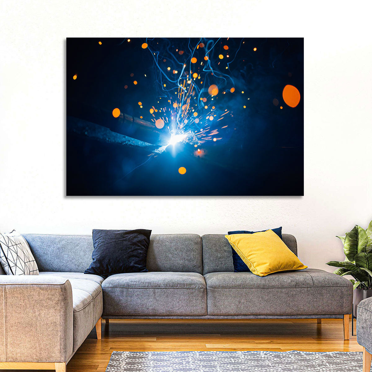 Welding Sparks Close-up Wall Art in a room, landscape