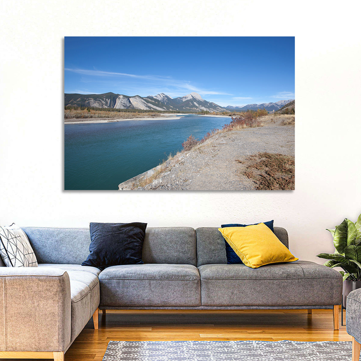 Mount Aeolus Over Athabasca Riverbank Wall Art in a room, landscape