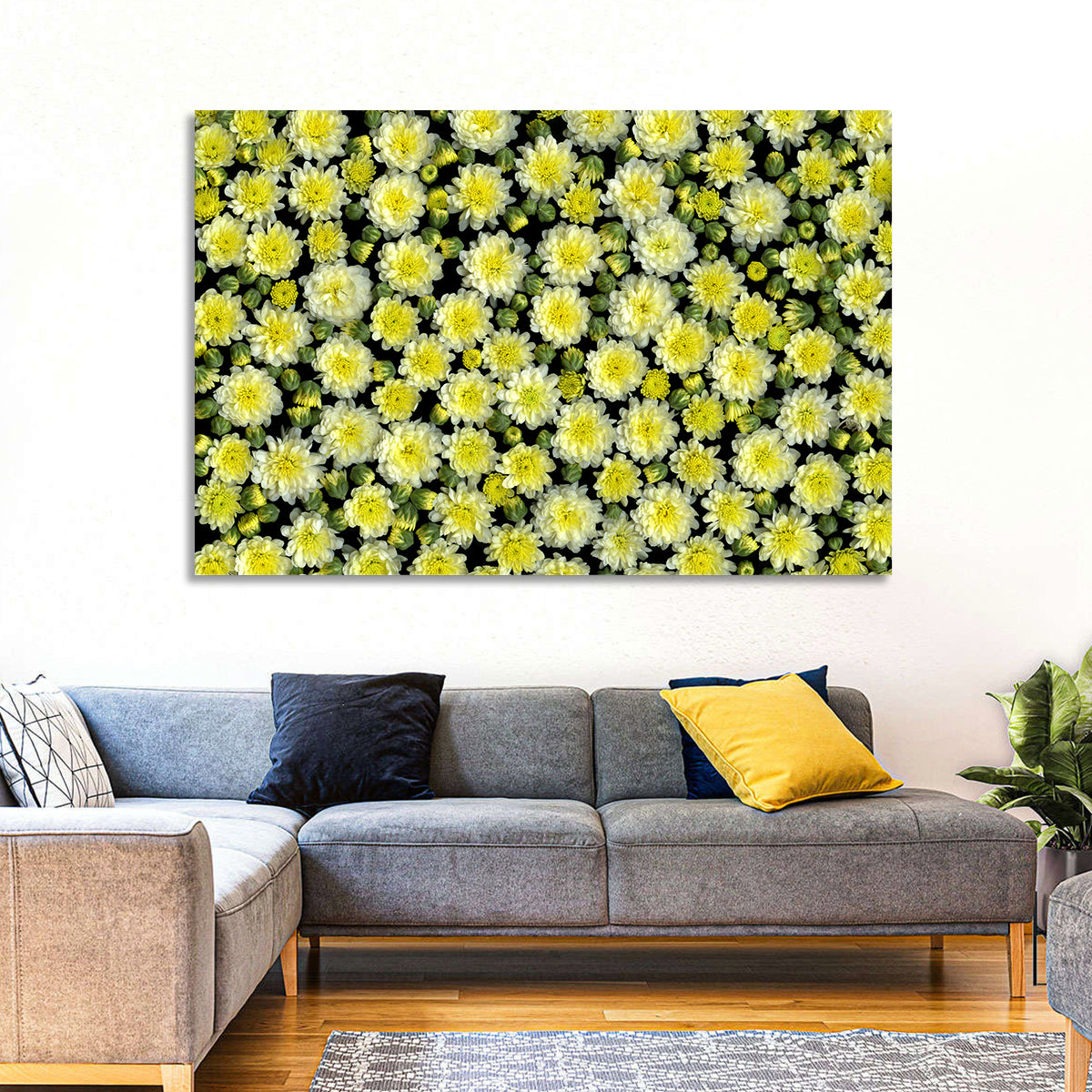 Yellow Chrysanthemum Bloom Pattern Wall Art in a room, landscape