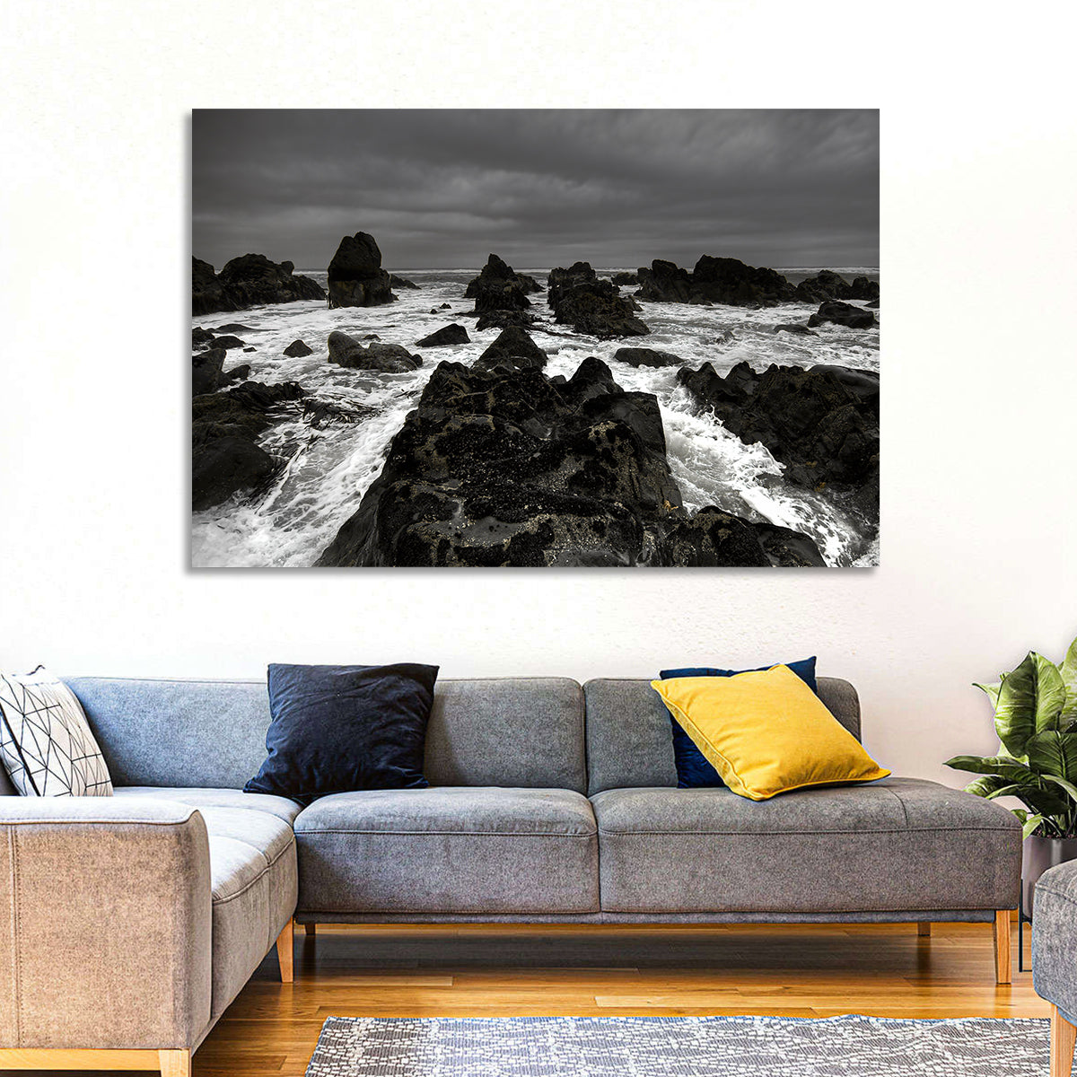 Moody Black and White Rocky Coast Waves Wall Art in a room, landscape
