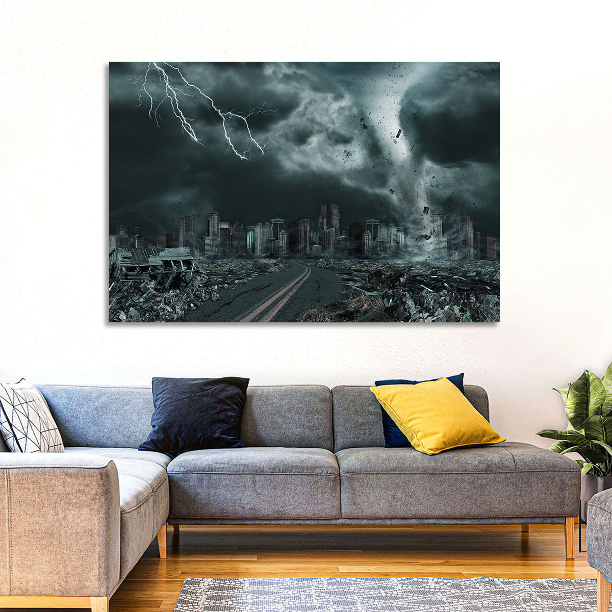 Tornado Over Destroyed City Skyline Wall Art