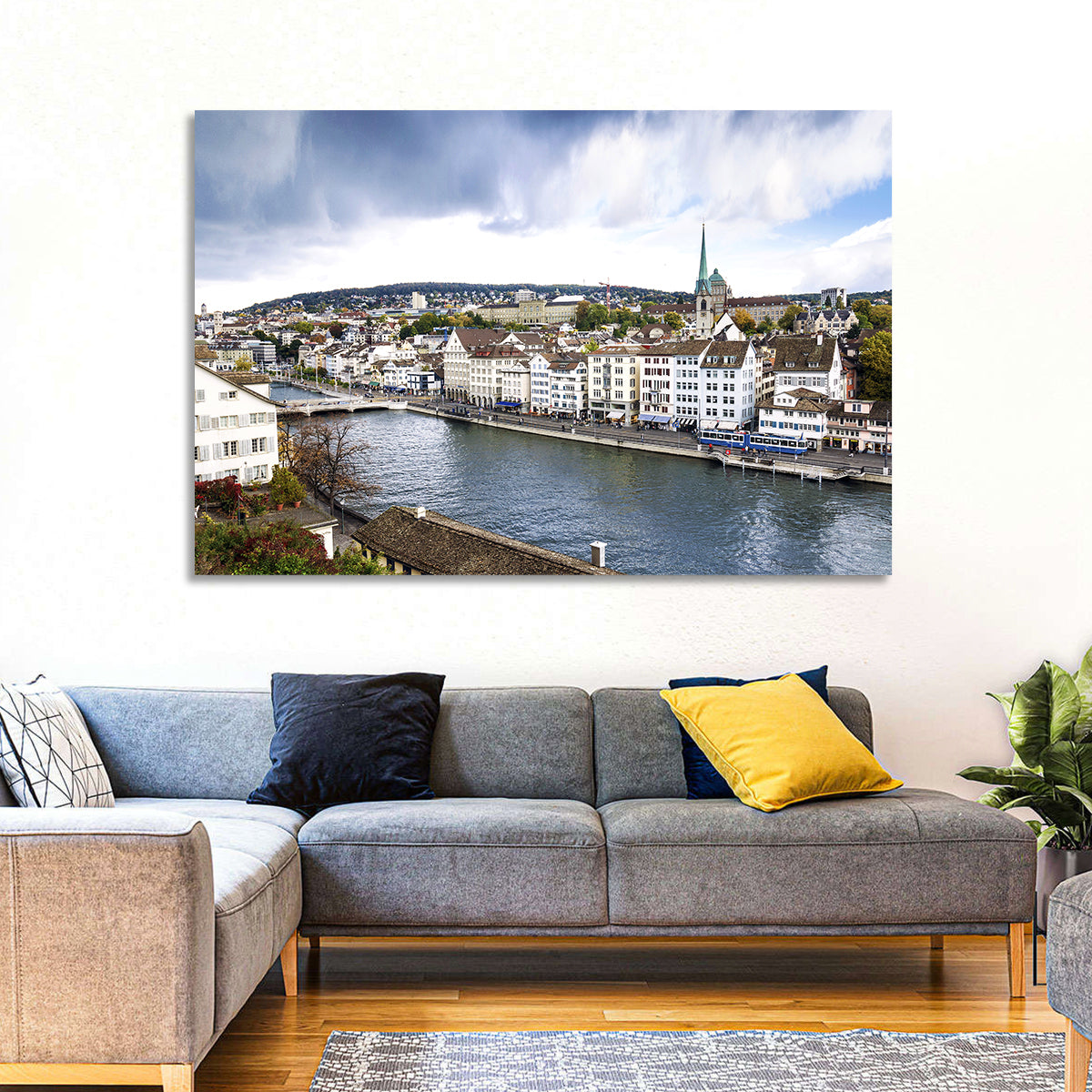 Limmat River at Fraumünster, Zurich Wall Art in a room, landscape