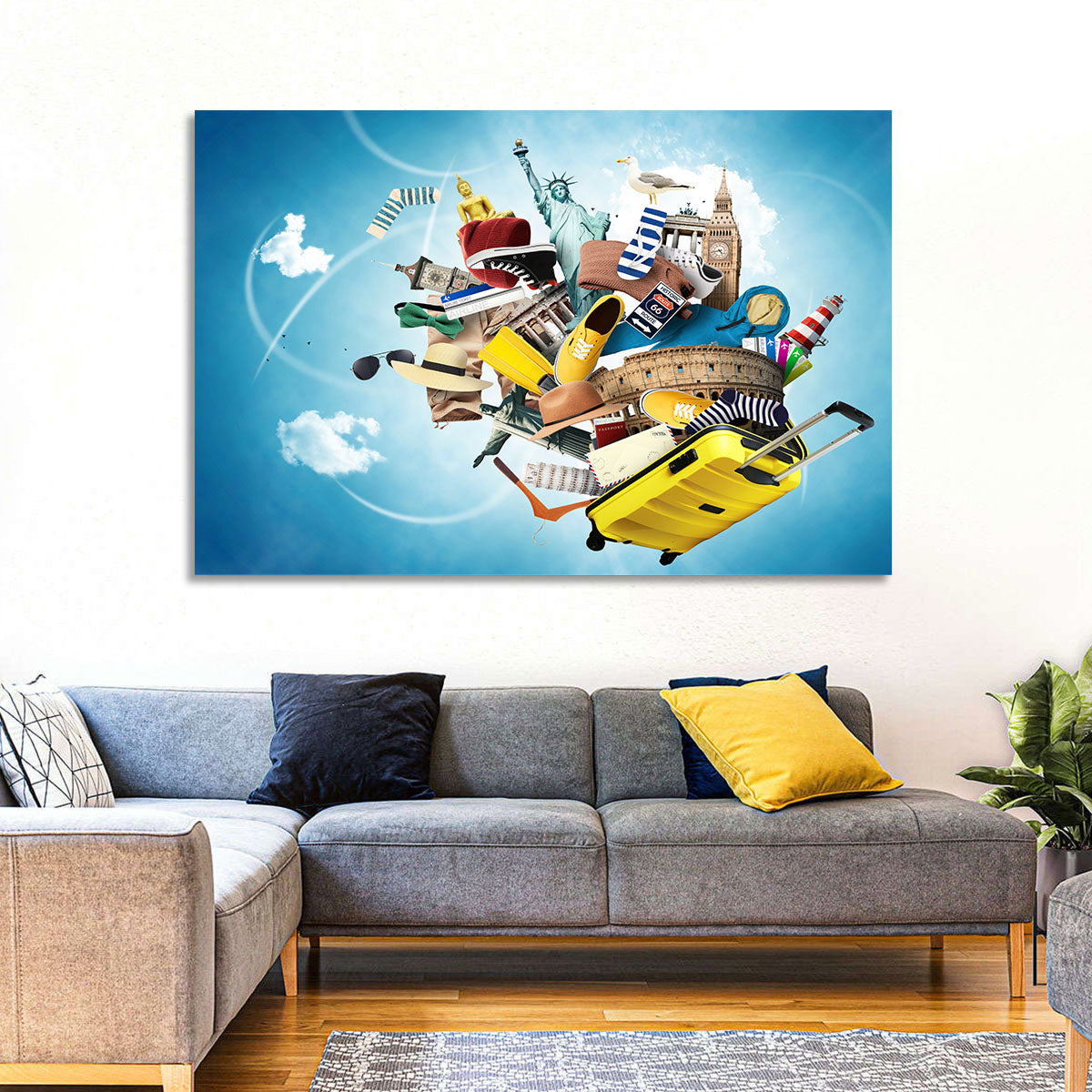 Floating Landmarks with Yellow Suitcase Wall Art in a room, landscape