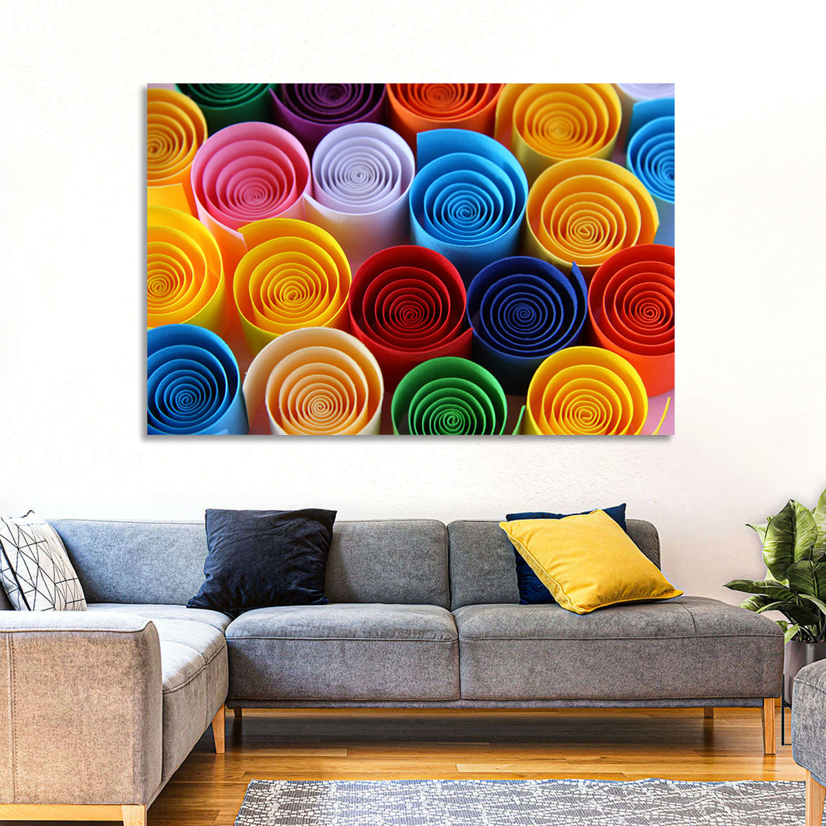 Quilled Color Spirals Wall Art in a room, landscape