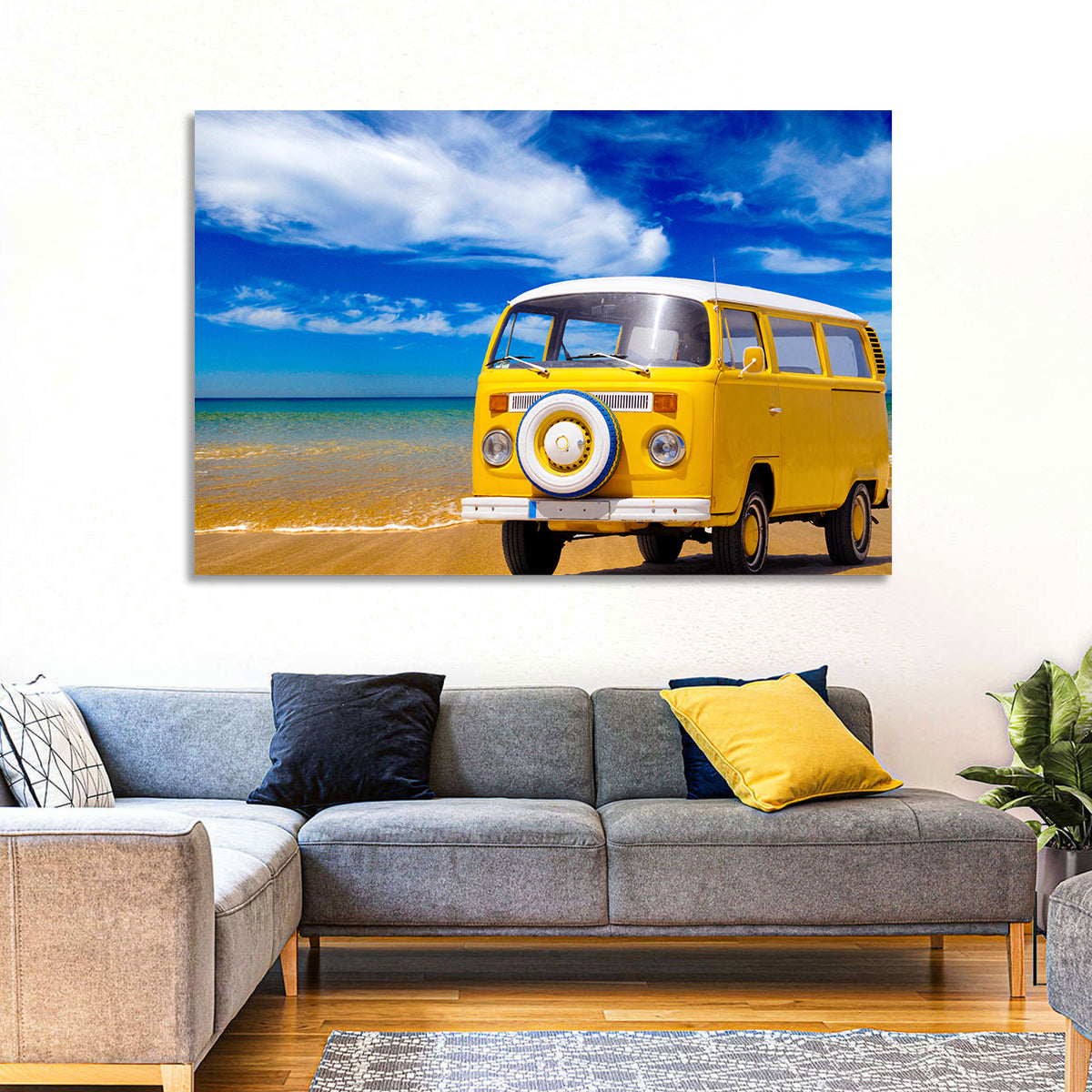 Yellow Vintage Van on Beach Wall Art in a room, landscape