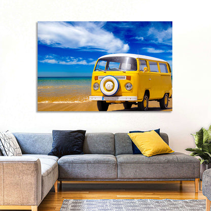 Yellow Vintage Van on Beach Wall Art