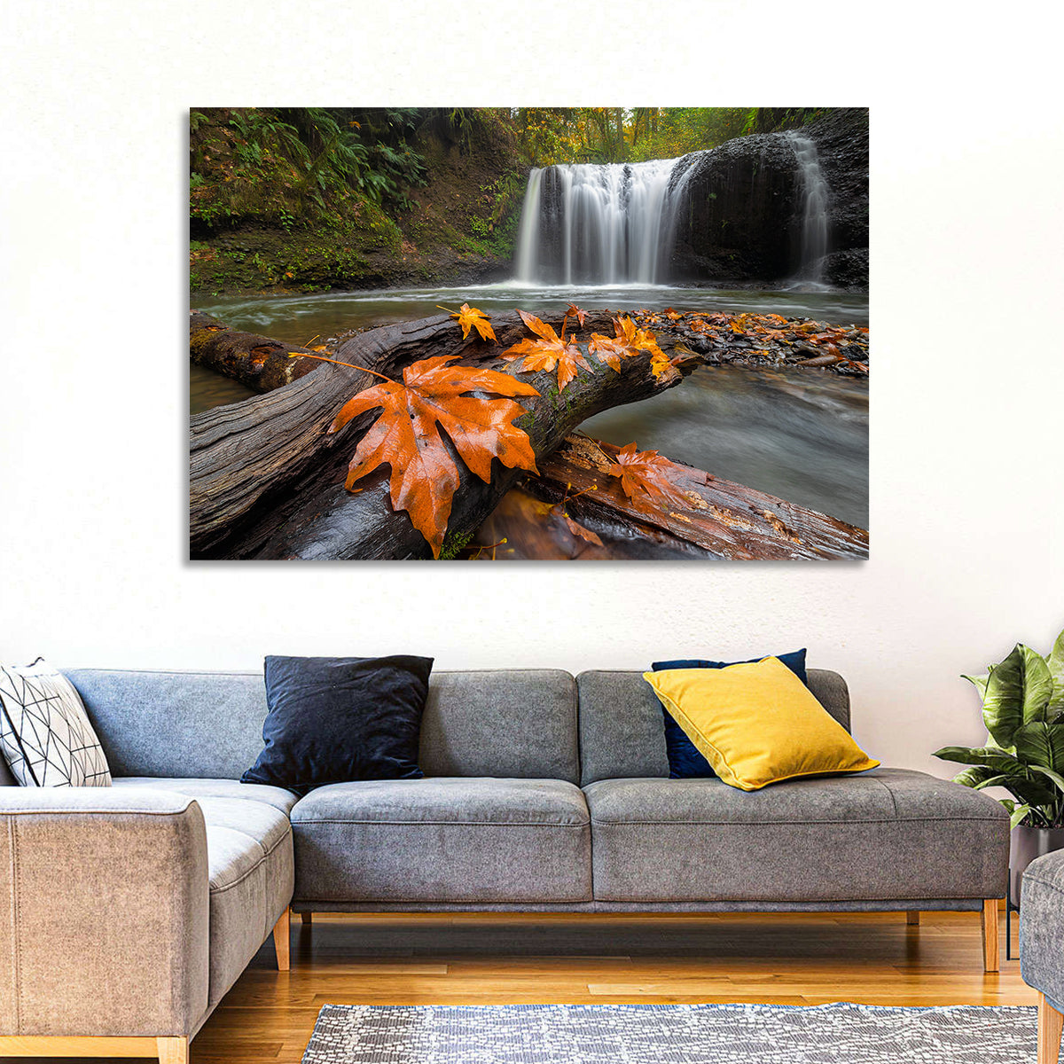 Clackamas Waterfall with Maple Leaf Wall Art in a room, landscape