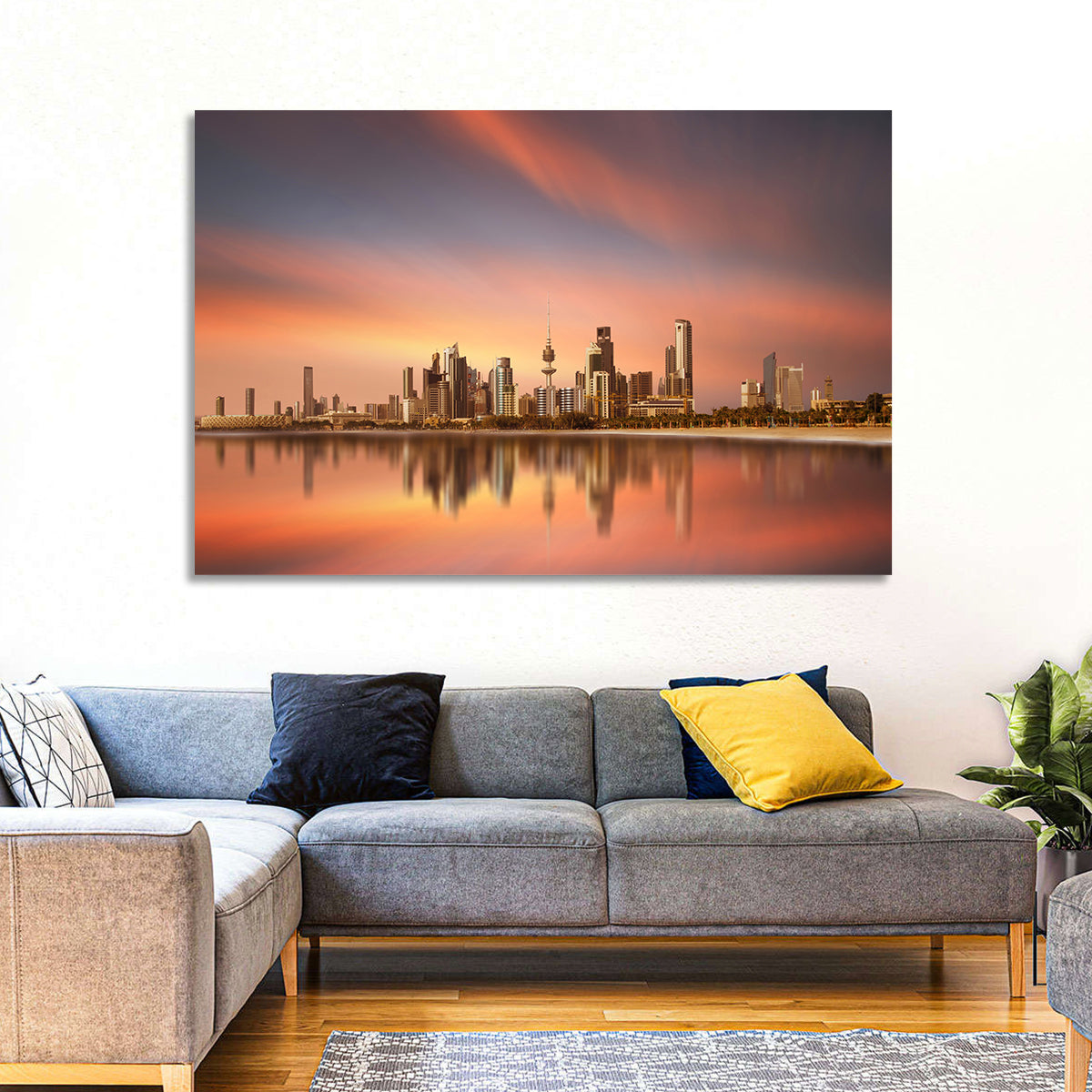 Kuwait City Skyline at Sunset Wall Art in a room, landscape