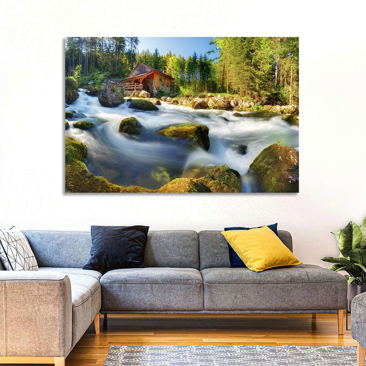 Salzburg Stream with Watermill Wall Art in a room, landscape