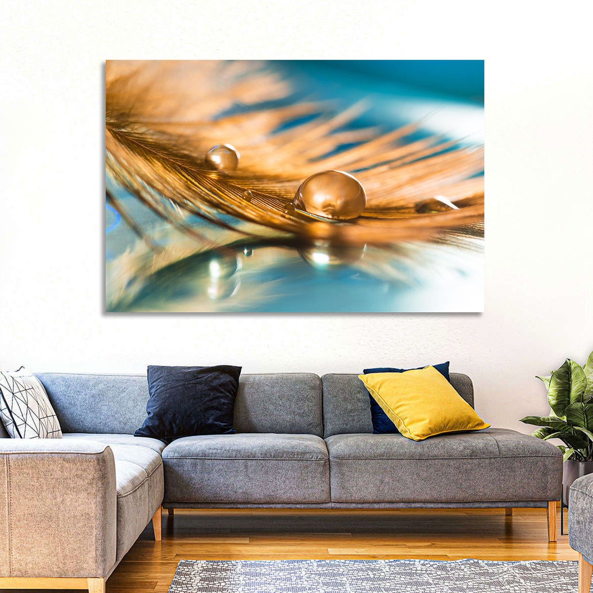 Golden Feather with Droplets Wall Art