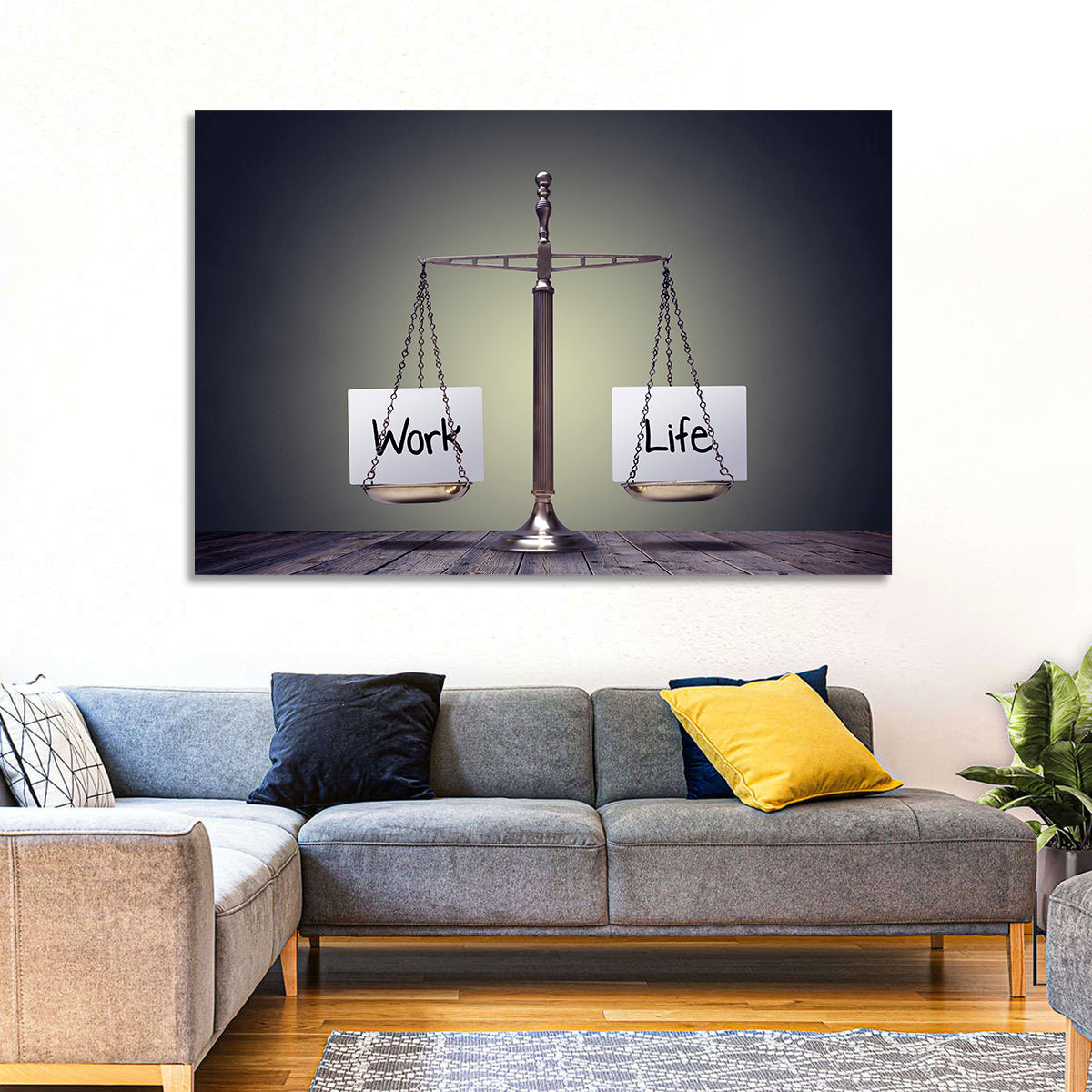 Metallic Scale: Work and Life Wall Art in a room, landscape