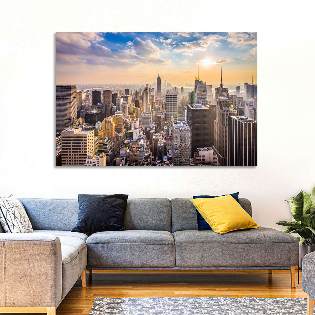 New York City Skyline at Golden Hour Wall Art in a room, landscape