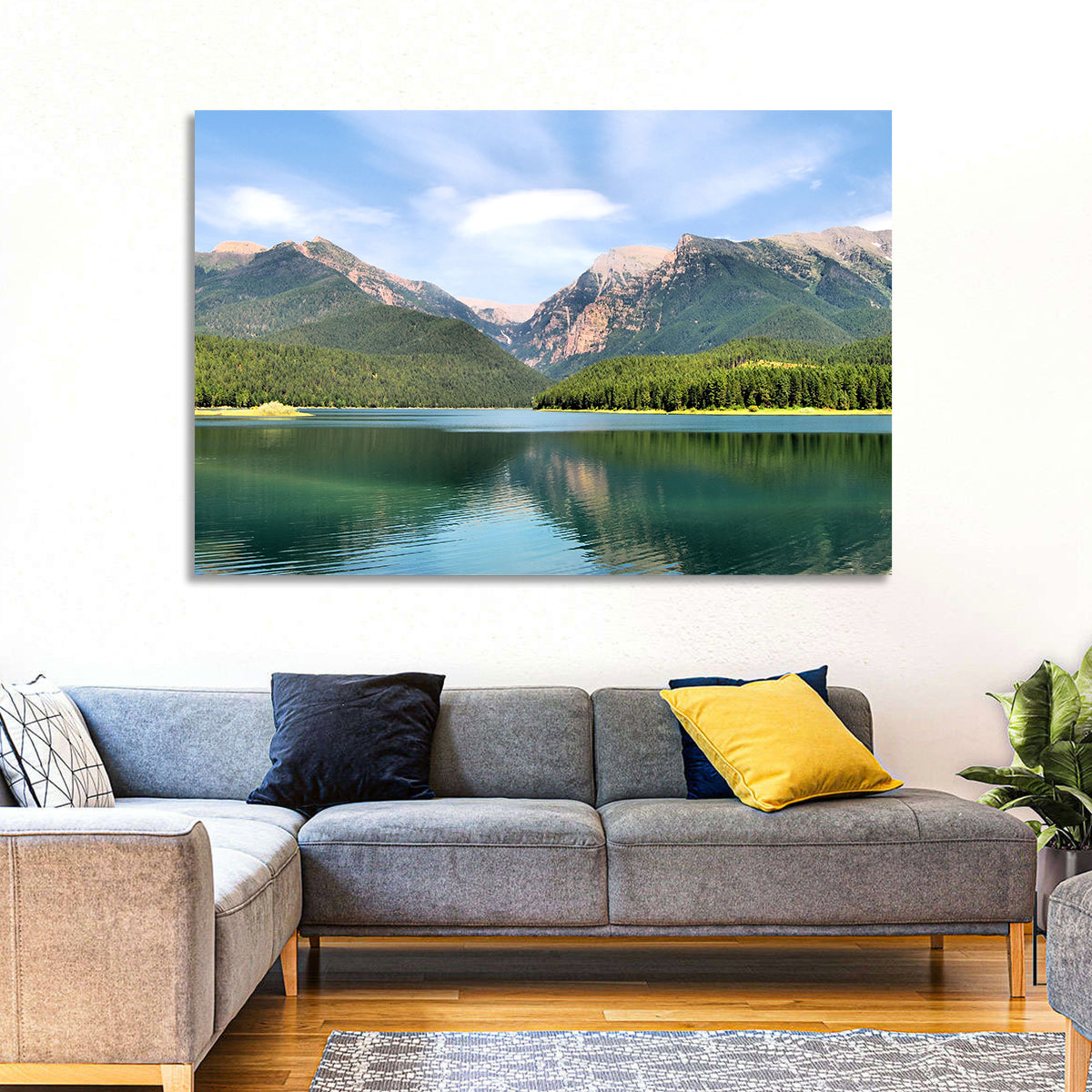 Mission Mountain Lake Reflection Wall Art in a room, landscape