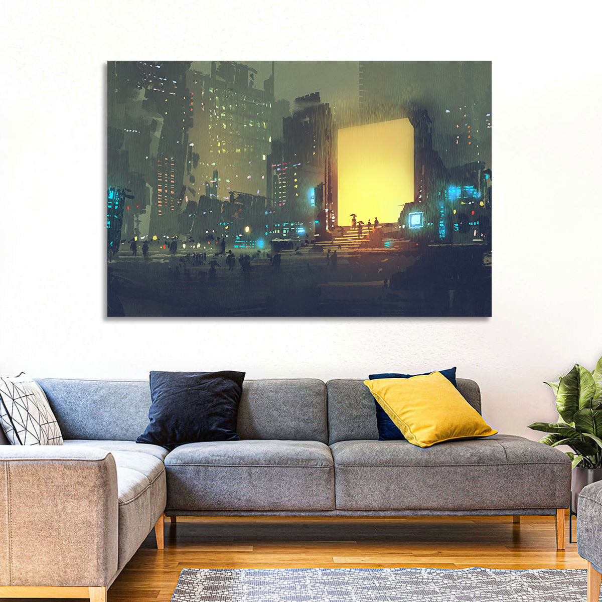 Rainy Night City with Glowing Portal Wall Art