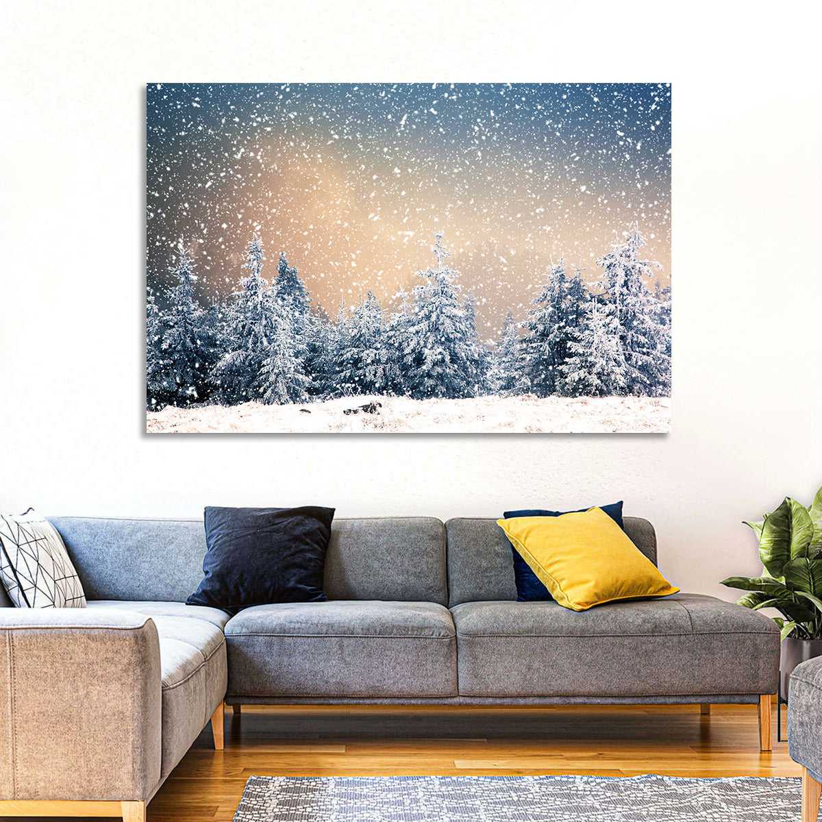 Winter Forest Wonderland Wall Art in a room, landscape