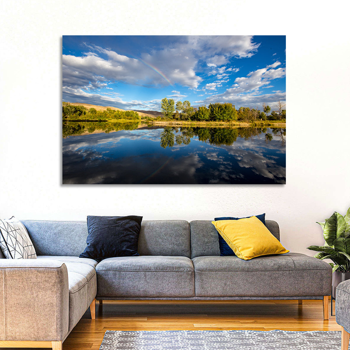 Boise River Rainbow Reflection Wall Art in a room, landscape