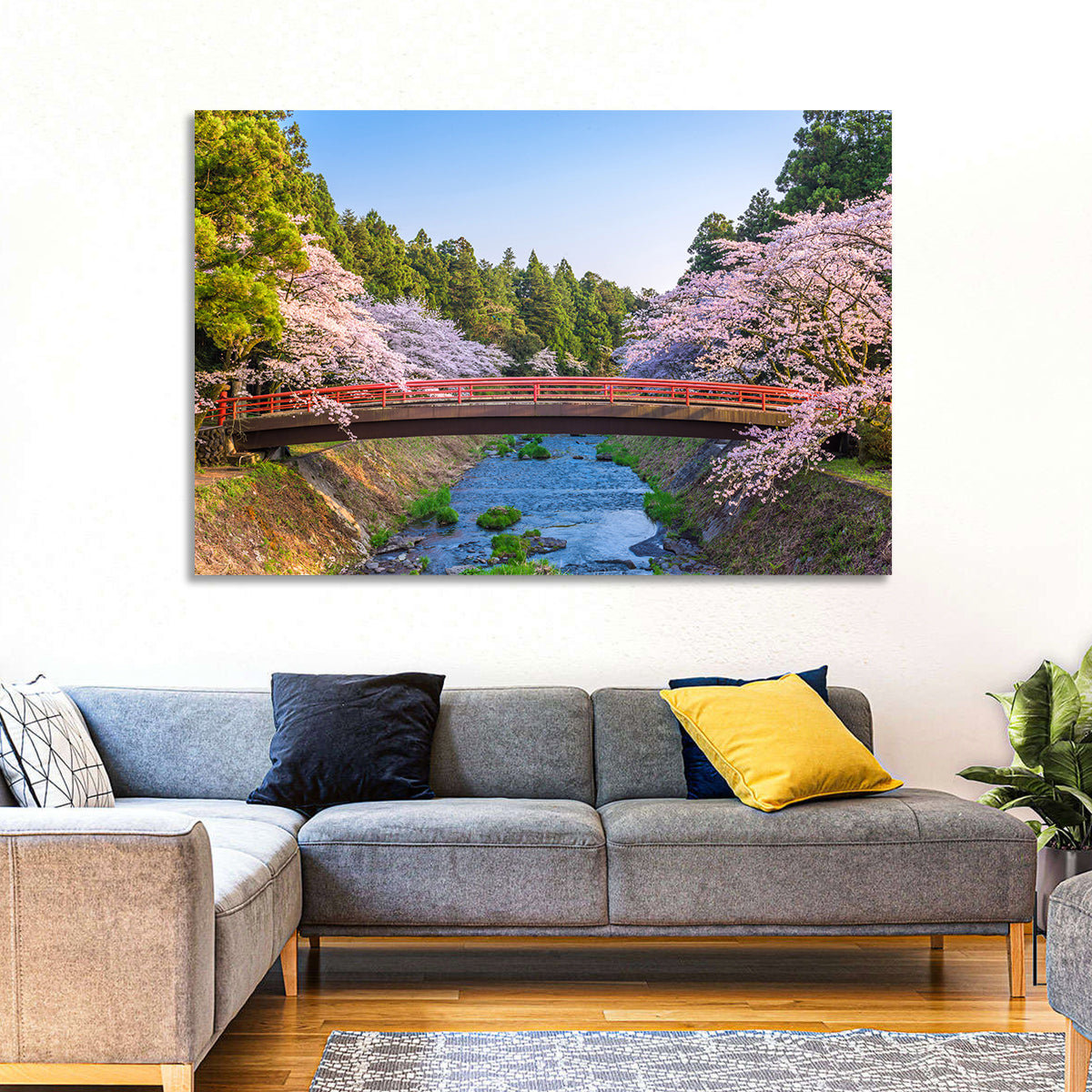Arched Red Bridge with Cherry Blossoms Wall Art