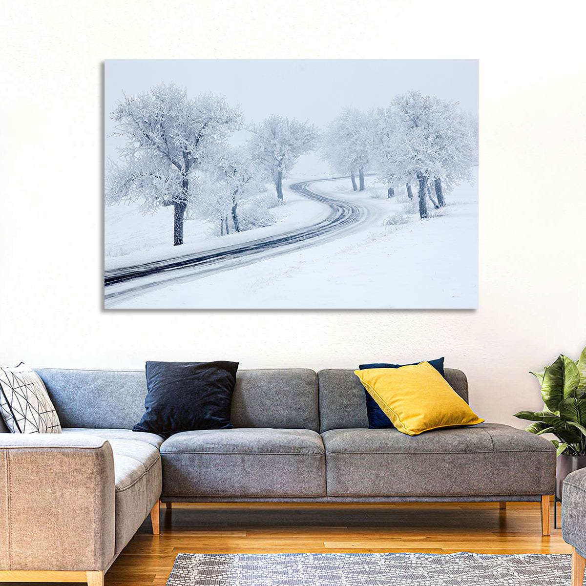Misty Winter S-curve Road Wall Art in a room, landscape