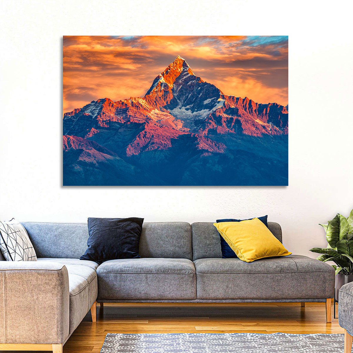 Machhapuchhre Sunrise Over Pokhara Wall Art in a room, landscape