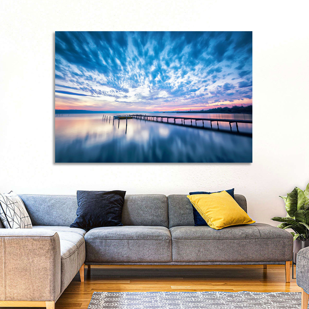 Cloudy Lake Pier at Dusk Wall Art