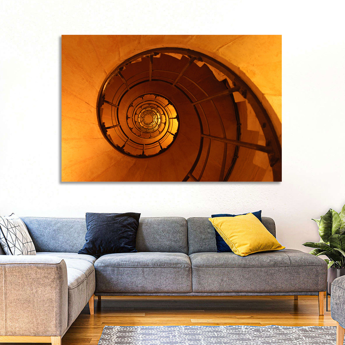 Vortex Spiral Staircase Wall Art in a room, landscape