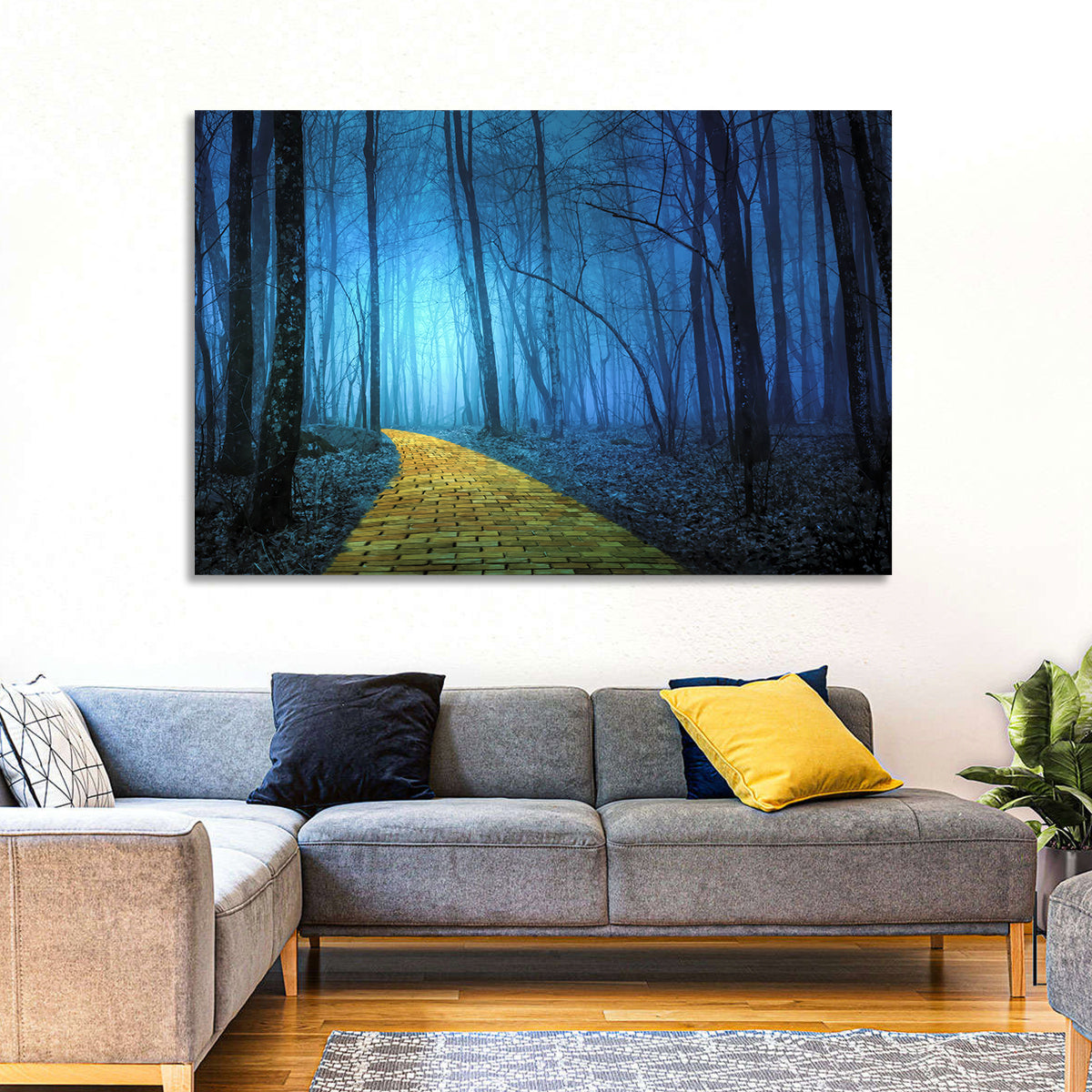 Misty Yellow Brick Road Wall Art in a room, landscape