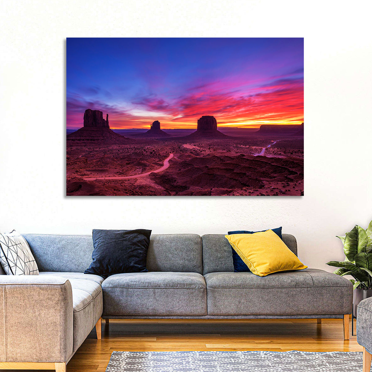 Monument Valley Arizona Sunset Wall Art in a room, landscape