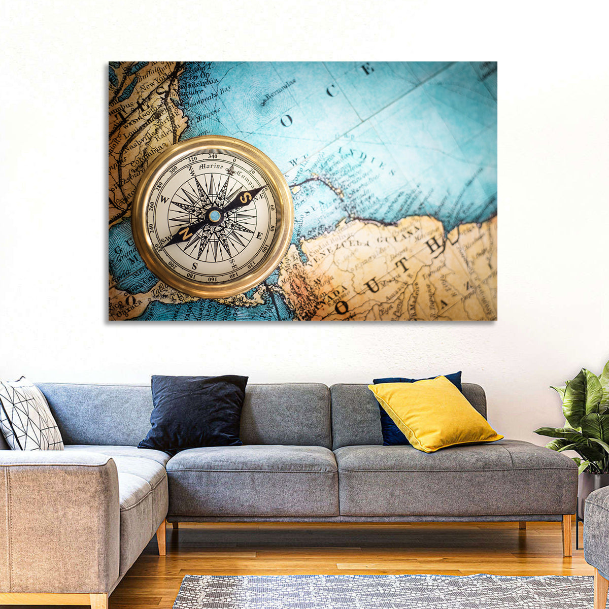 Vintage Compass Over Atlantic Map Wall Art