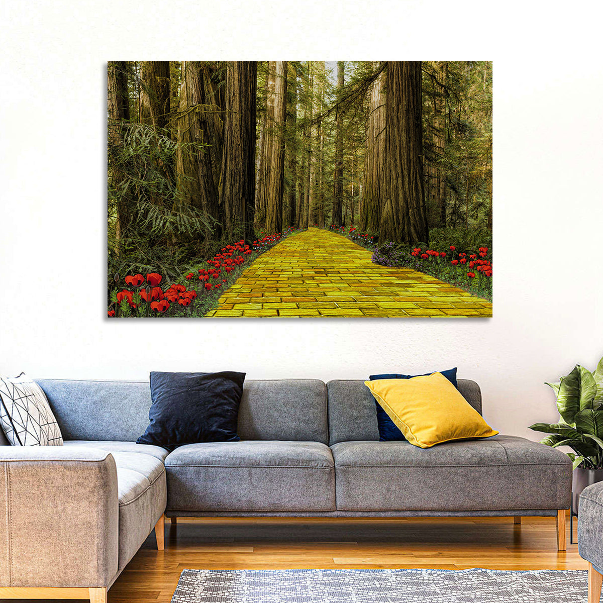 Yellow Brick Path Through Redwoods Wall Art in a room, landscape