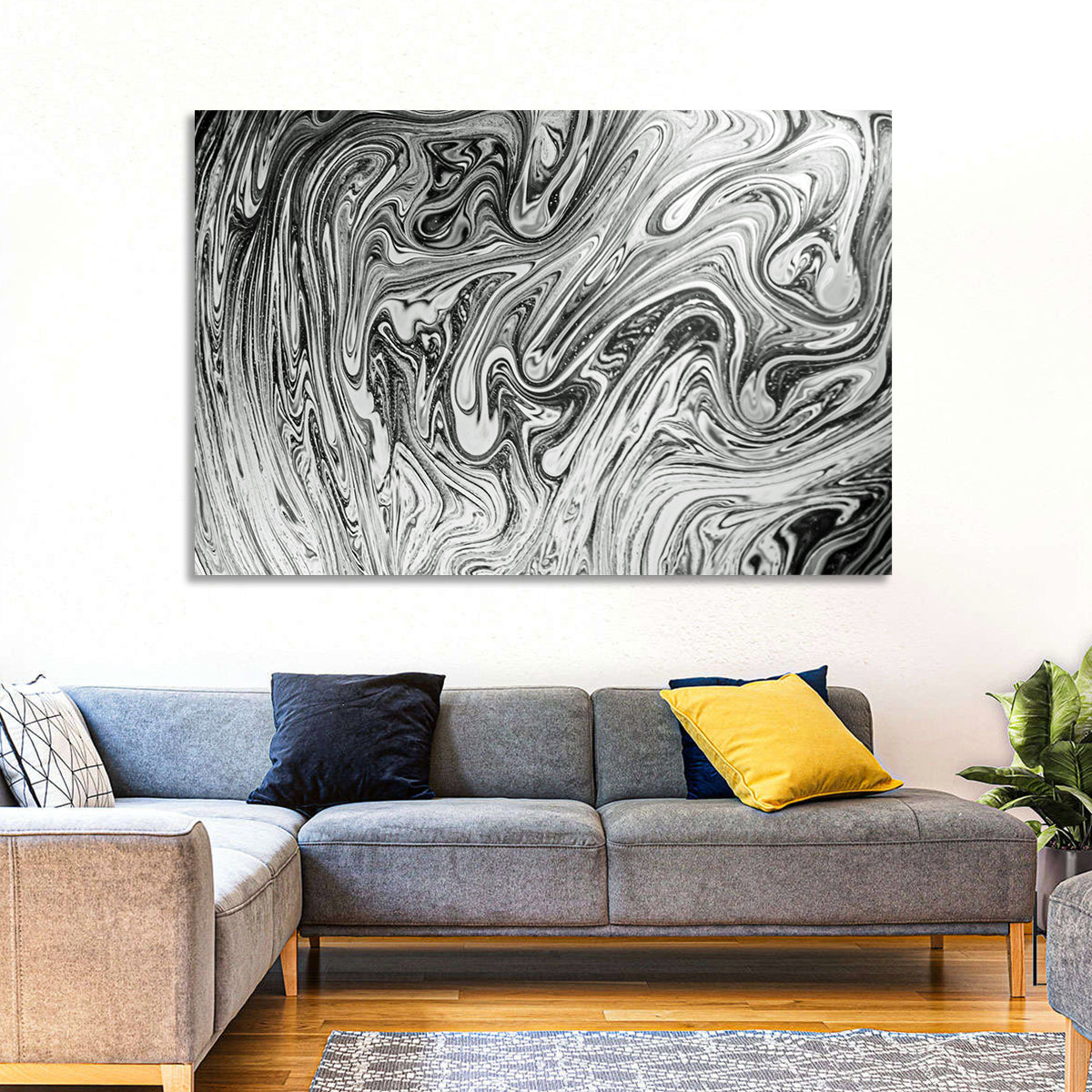 Ink Swirl Monochrome Abstract Wall Art in a room, landscape